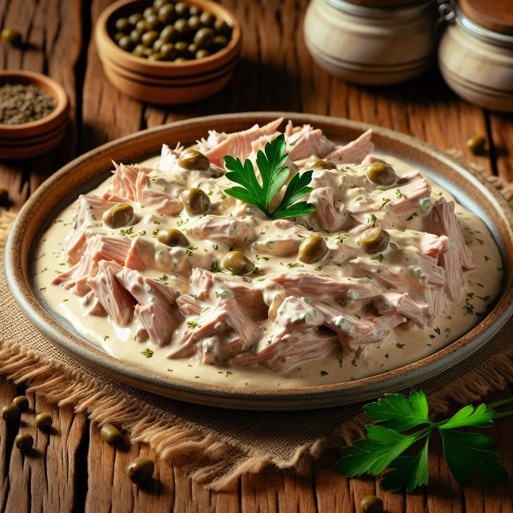 Thin slices of beef under a creamy tuna sauce, garnished with capers and parsley