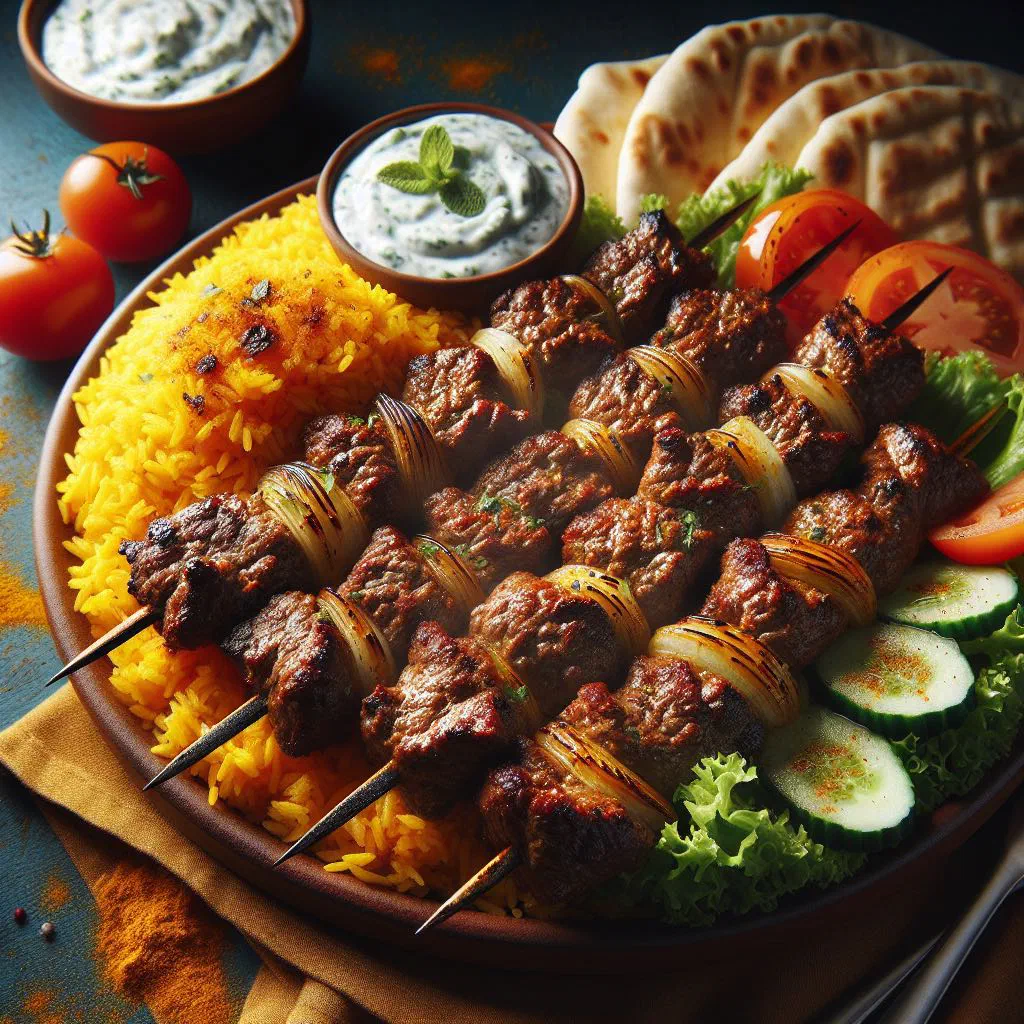 Grilled adana kebab skewers with flatbread and charred vegetables
