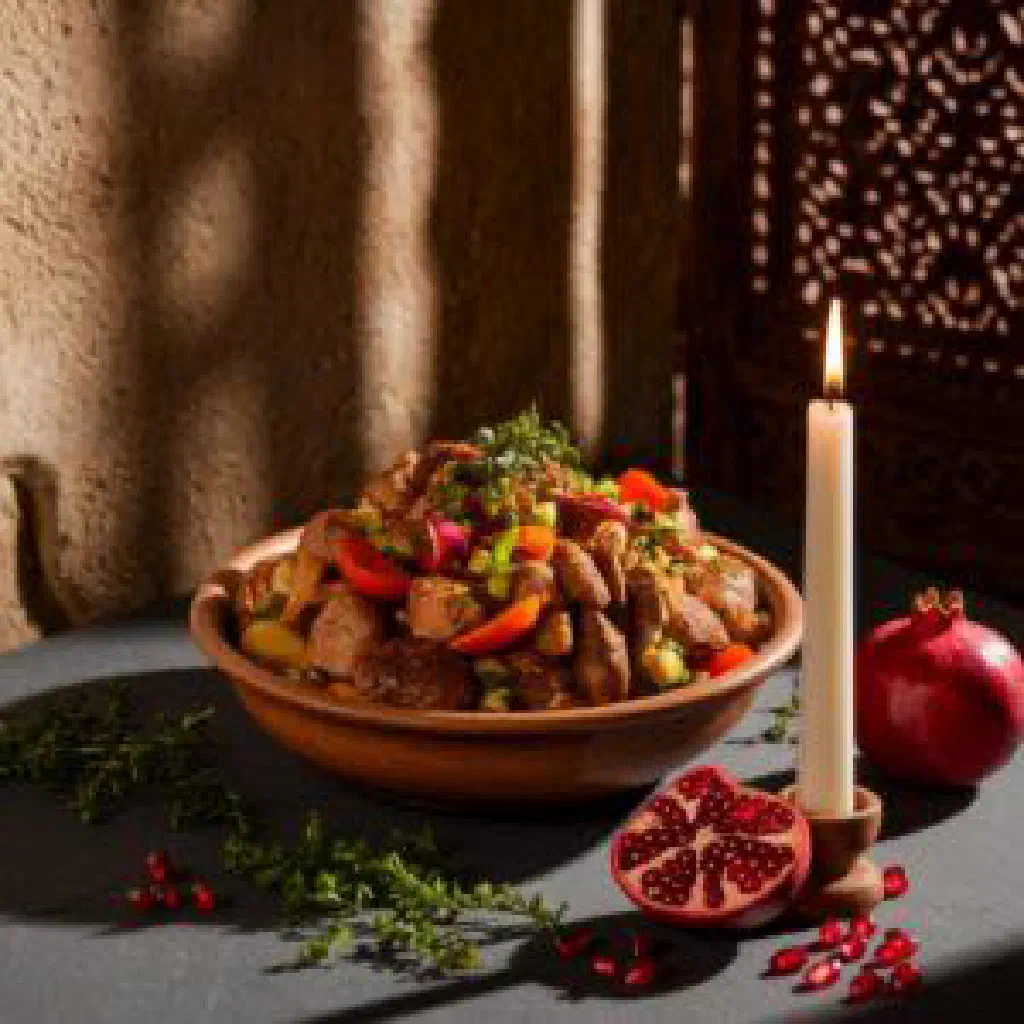Bowl of Anush Abur with rice, carrots and fresh herbs