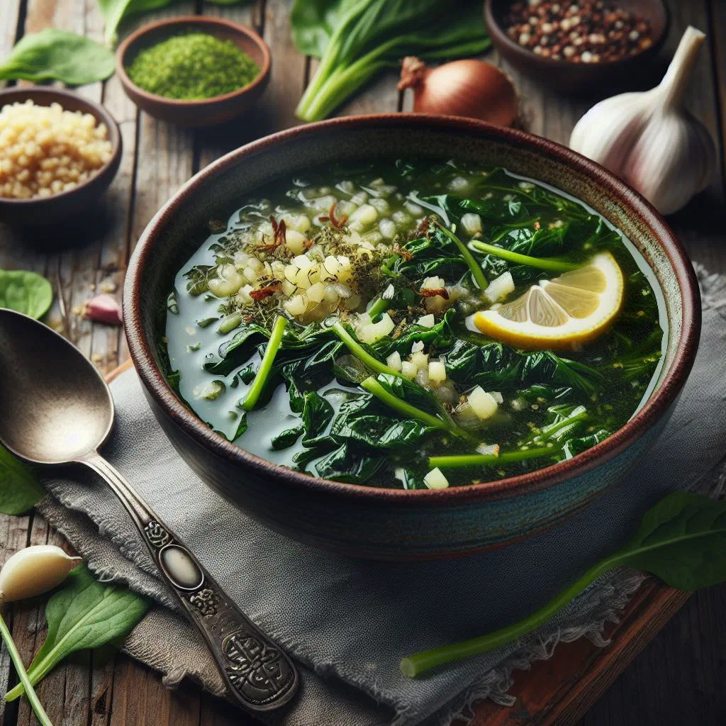 Bowl of green Armenian aveluk soup with fresh herbs and bread