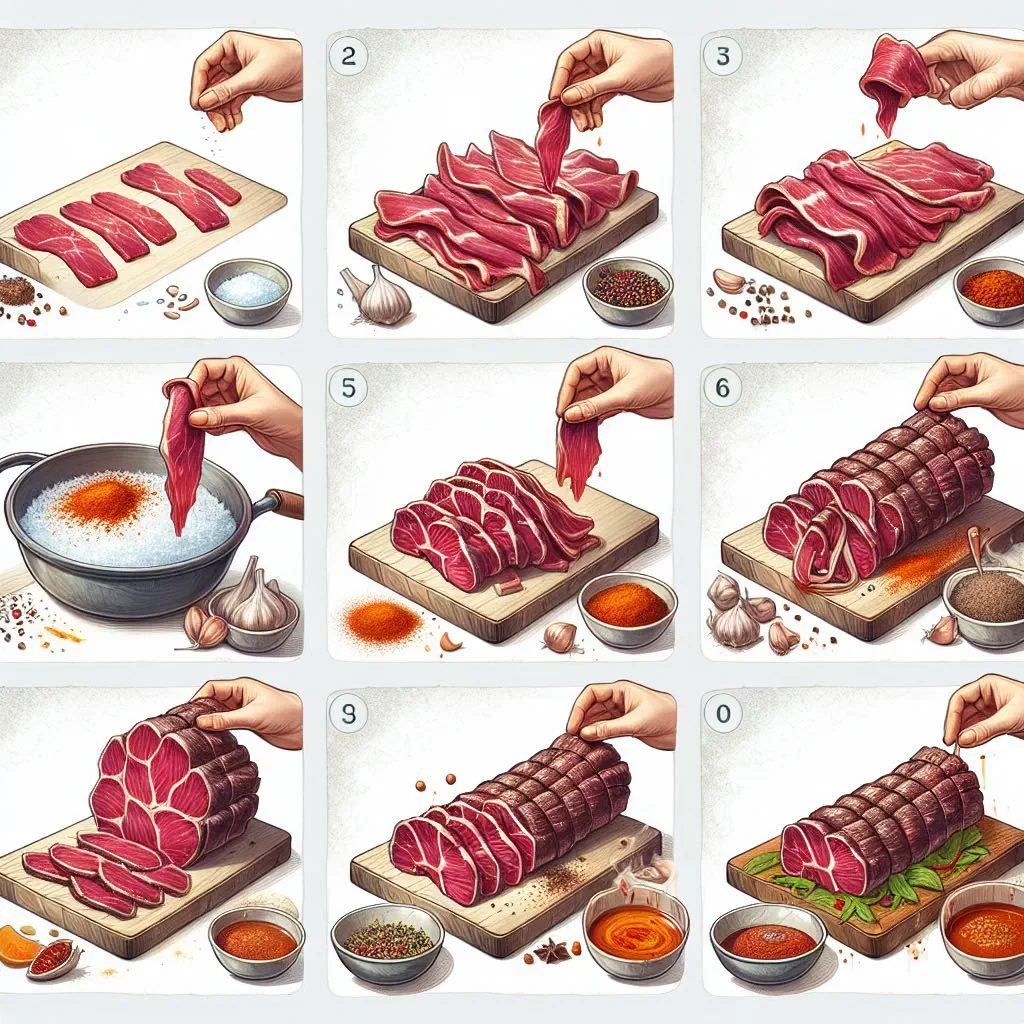 Thin slices of Armenian basterma air-dried beef on a wooden board