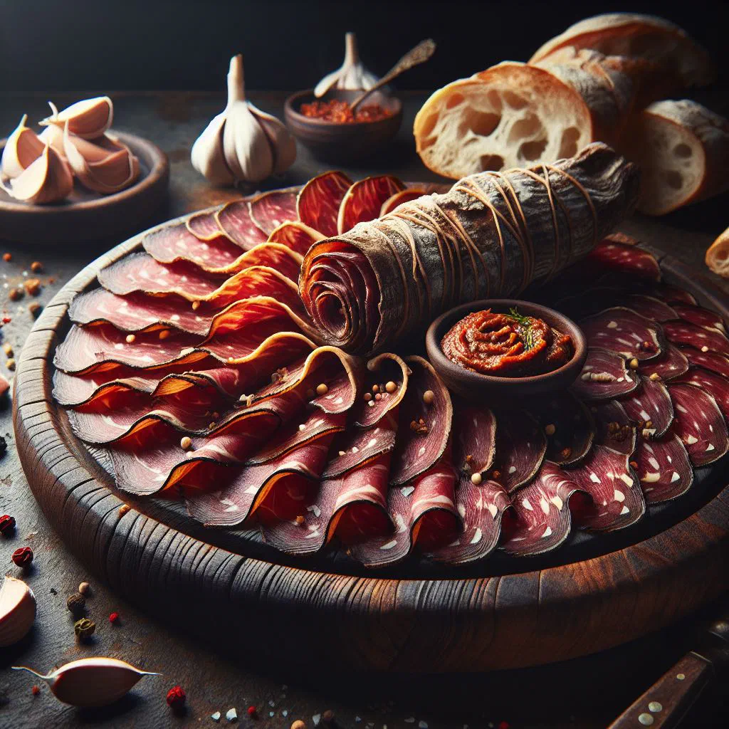 Thin slices of spice-crusted air-dried Armenian basturma on a wooden board