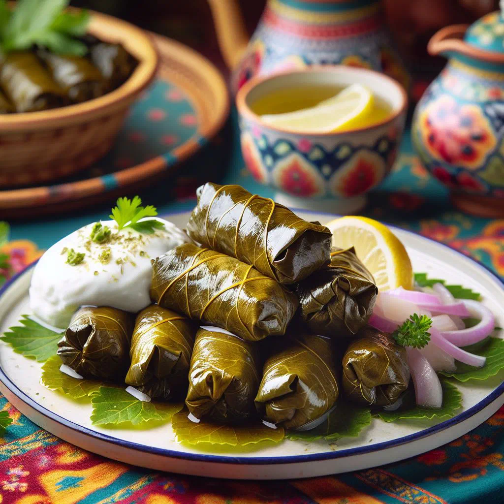 Armenian dolma: stuffed vine leaves served with yoghurt and lemon
