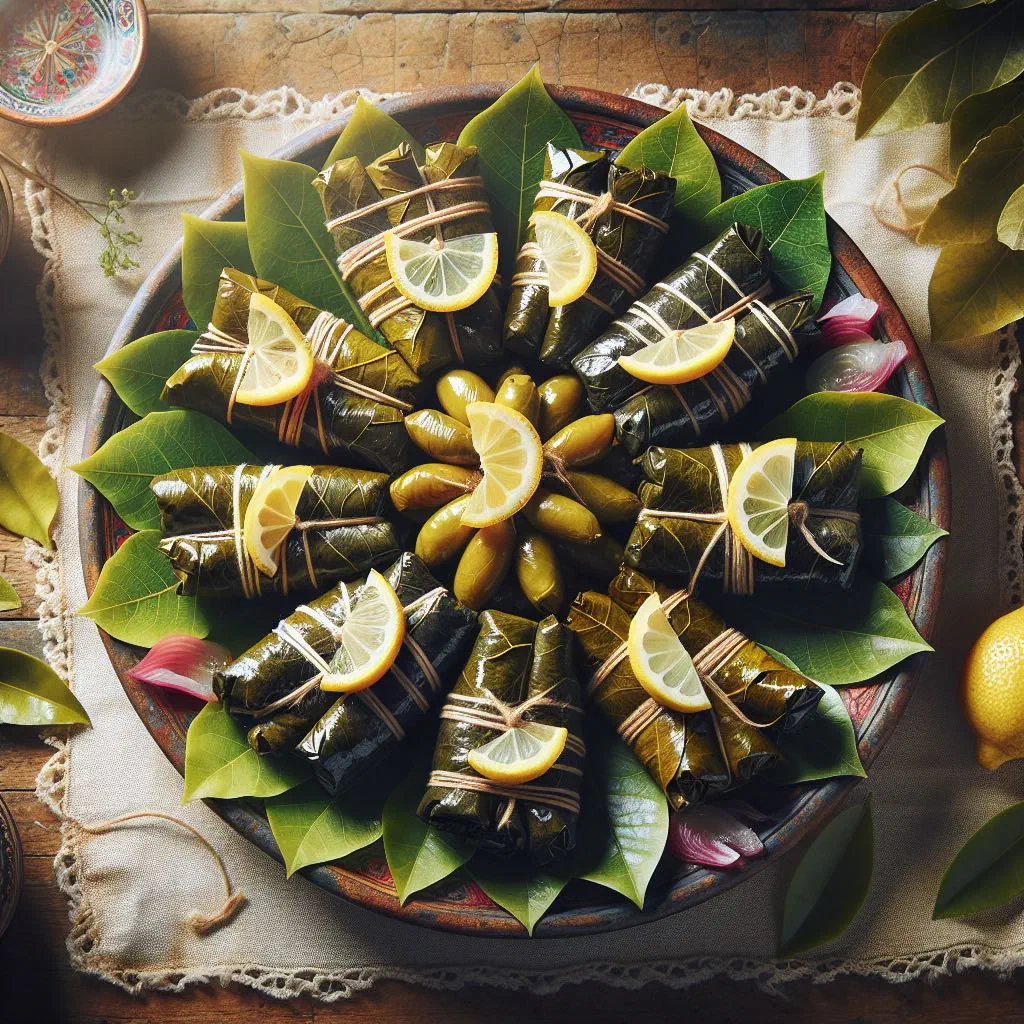 Stuffed vine leaves arranged on a plate with lemon wedges and fresh herbs