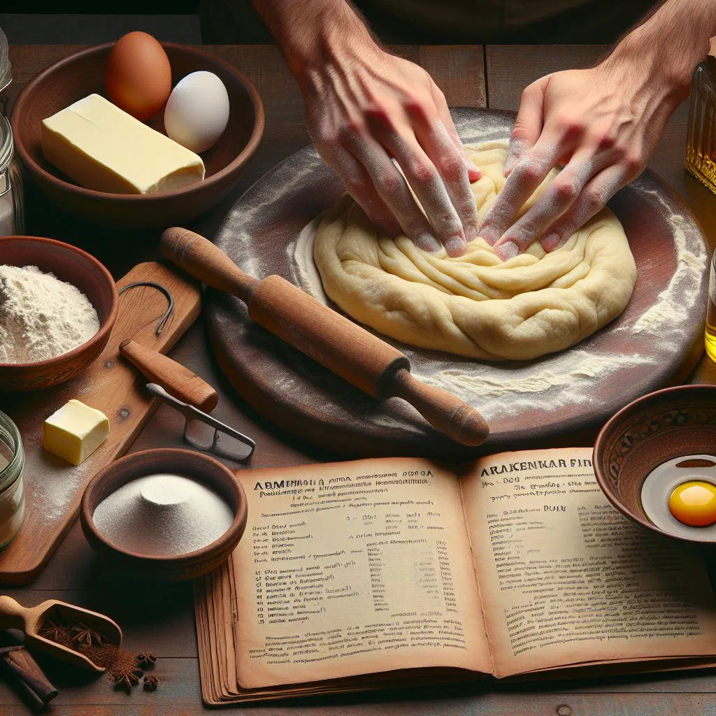 Golden baked Armenian gata pastry sliced to show the walnut filling
