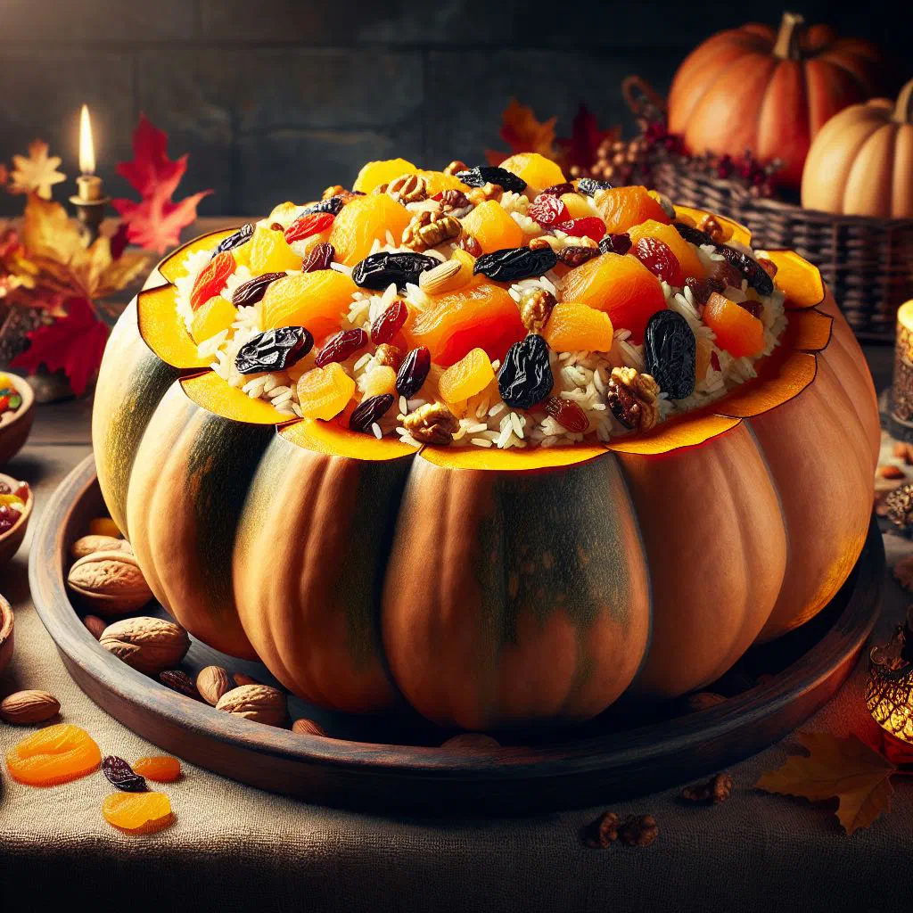 Baked Ghapama pumpkin filled with rice, dried fruit and nuts