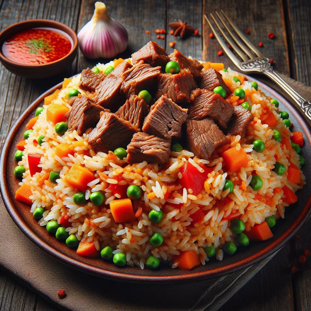 Armenian karmir pilaf with red rice, tender meat and fresh herbs