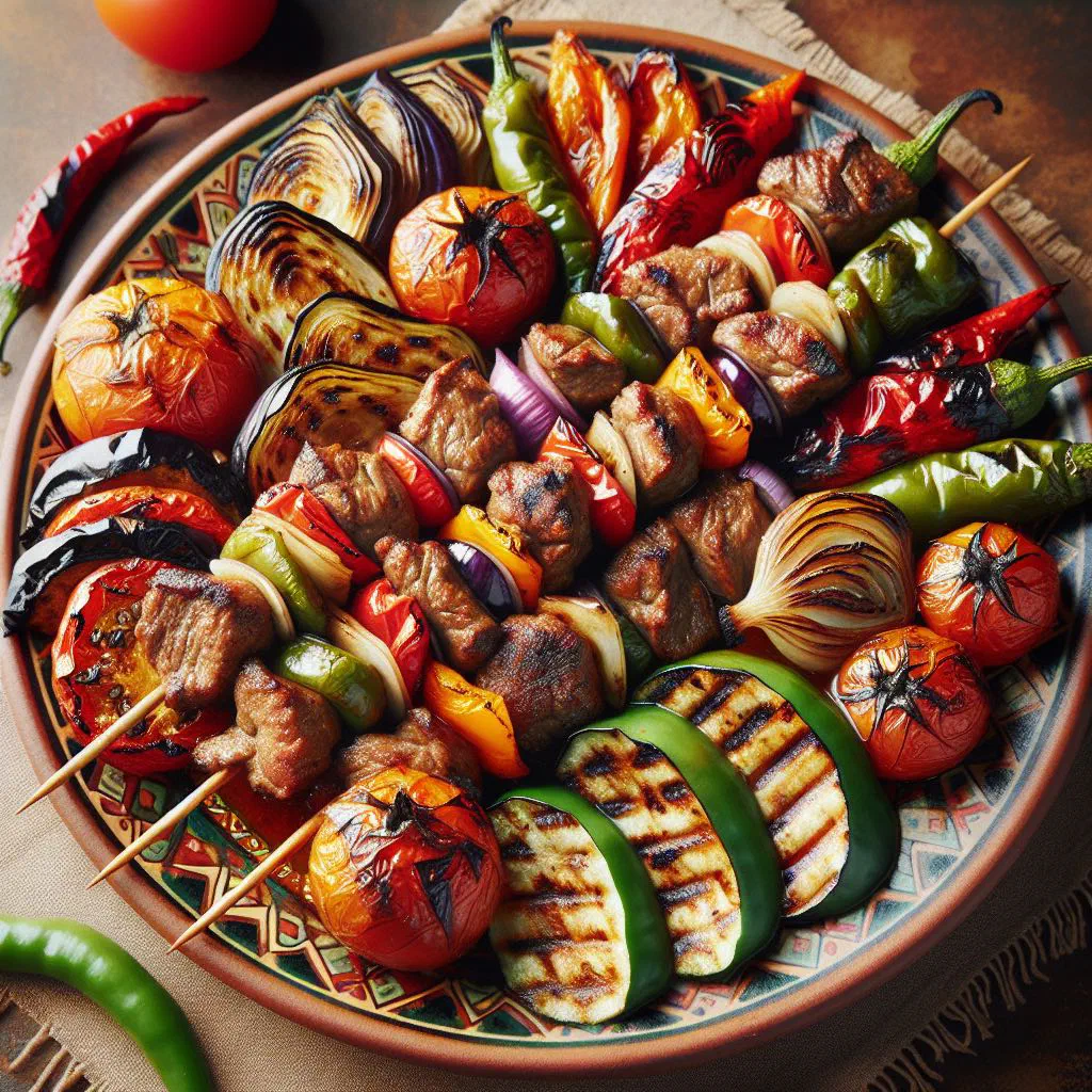 Grilled khorovadz skewers with lamb, peppers and onions on a wooden platter