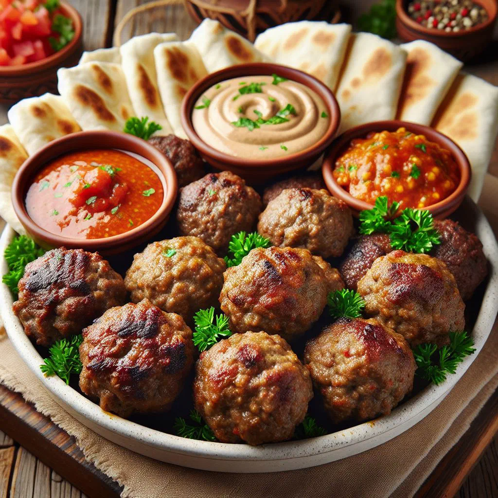 Grilled Armenian kofta meatballs with flatbread, herbs and lemon