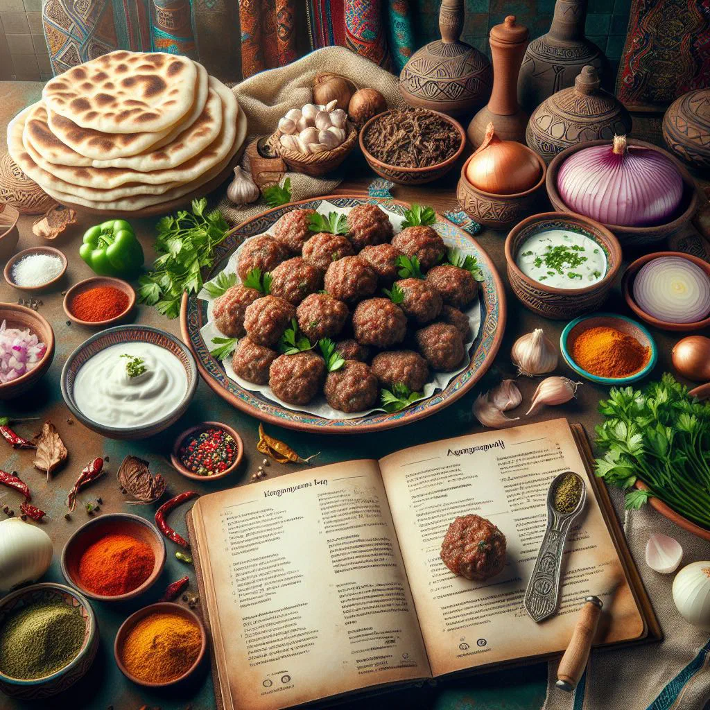 Golden-brown Armenian kofte meatballs with fresh herbs and yoghurt dip
