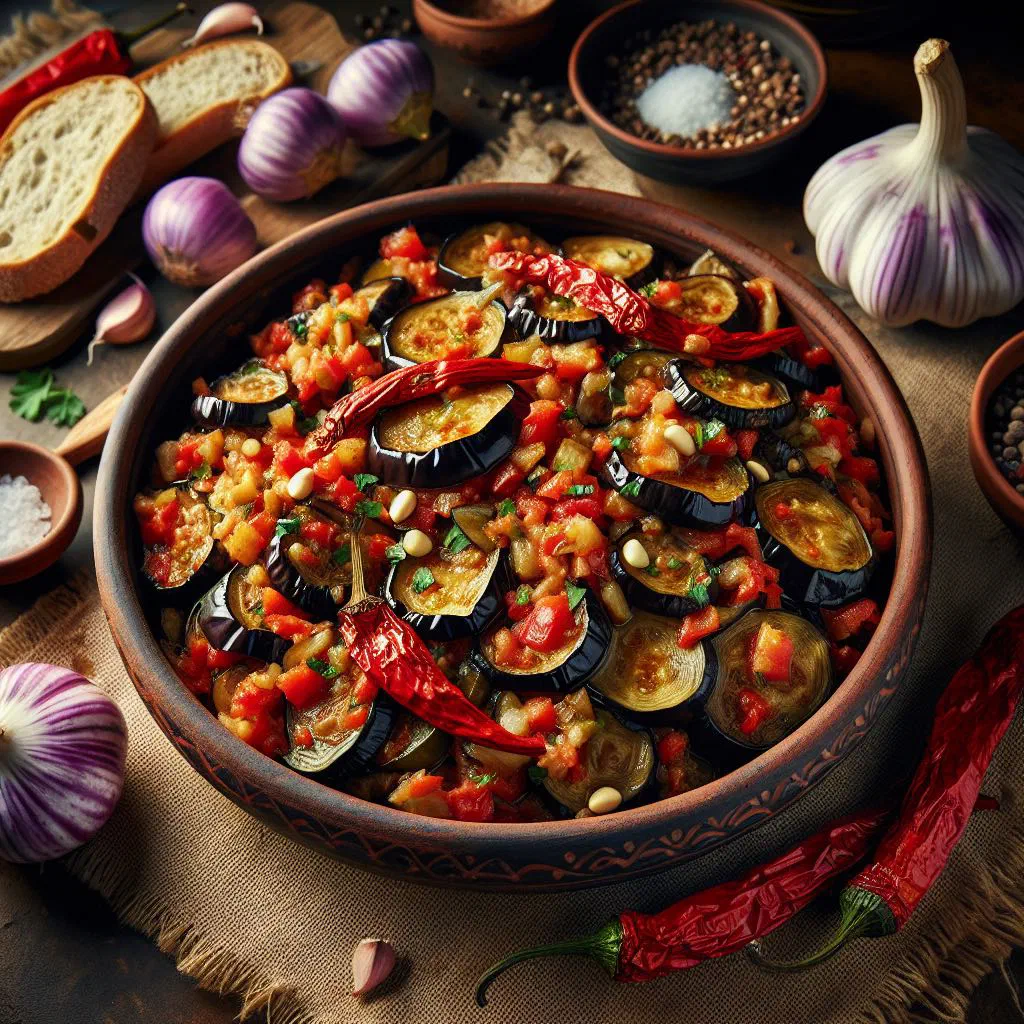 Bowl of kyopolou aubergine and roasted pepper dip drizzled with olive oil