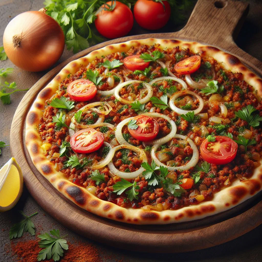 Freshly baked lahmacun flatbreads topped with spiced minced meat, parsley and lemon