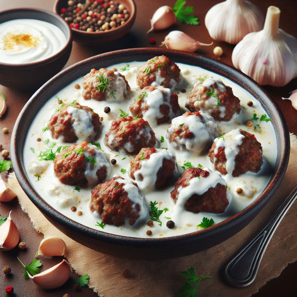 Golden-brown Armenian madzunov kyufta meatballs garnished with fresh herbs