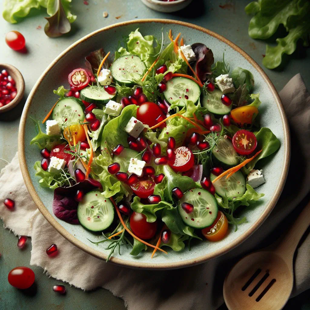 Pomegranate salad with cucumber, tomatoes, red onion and fresh parsley
