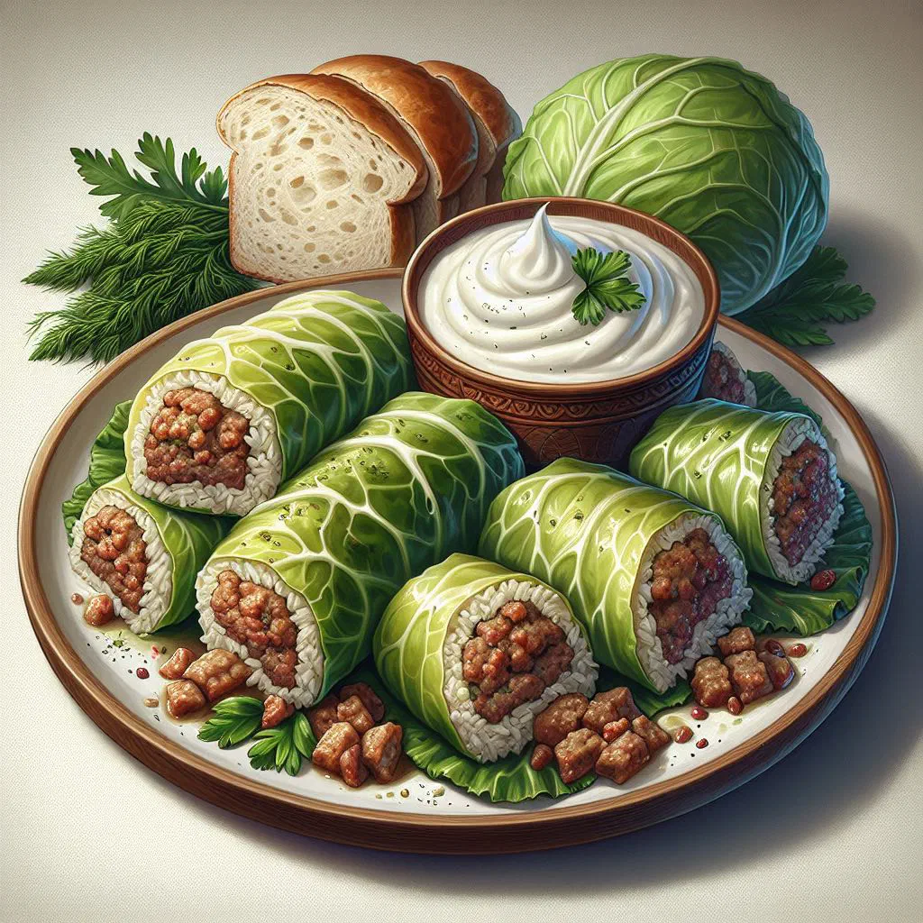 Stuffed vine leaves arranged on a plate with lemon wedges and fresh herbs