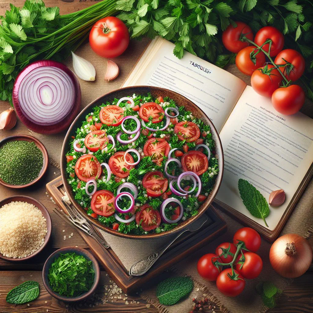 Bowl of tabouleh with bulgur, parsley, mint and diced tomatoes