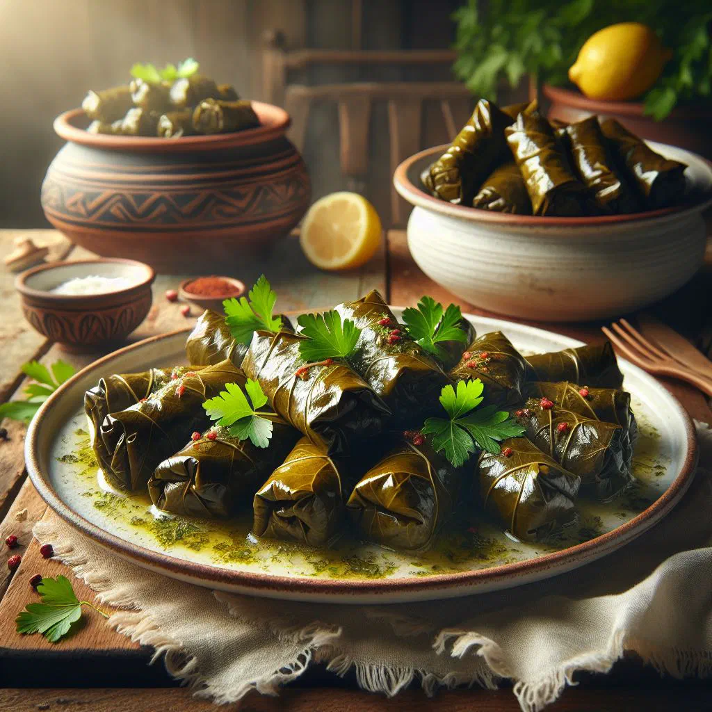 Stuffed vine leaves arranged on a platter with yoghurt and fresh herbs