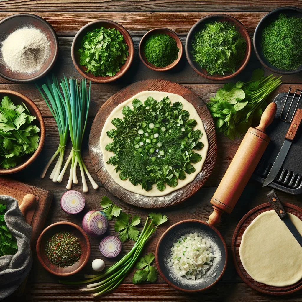 Herb-filled Armenian flatbreads stacked on a wooden board