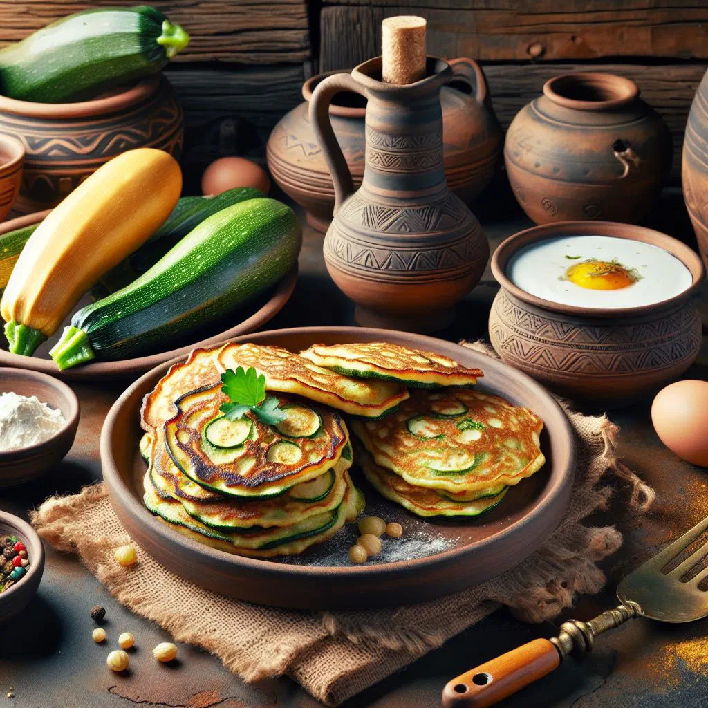 Golden zucchini pancakes garnished with fresh herbs and a yoghurt dip