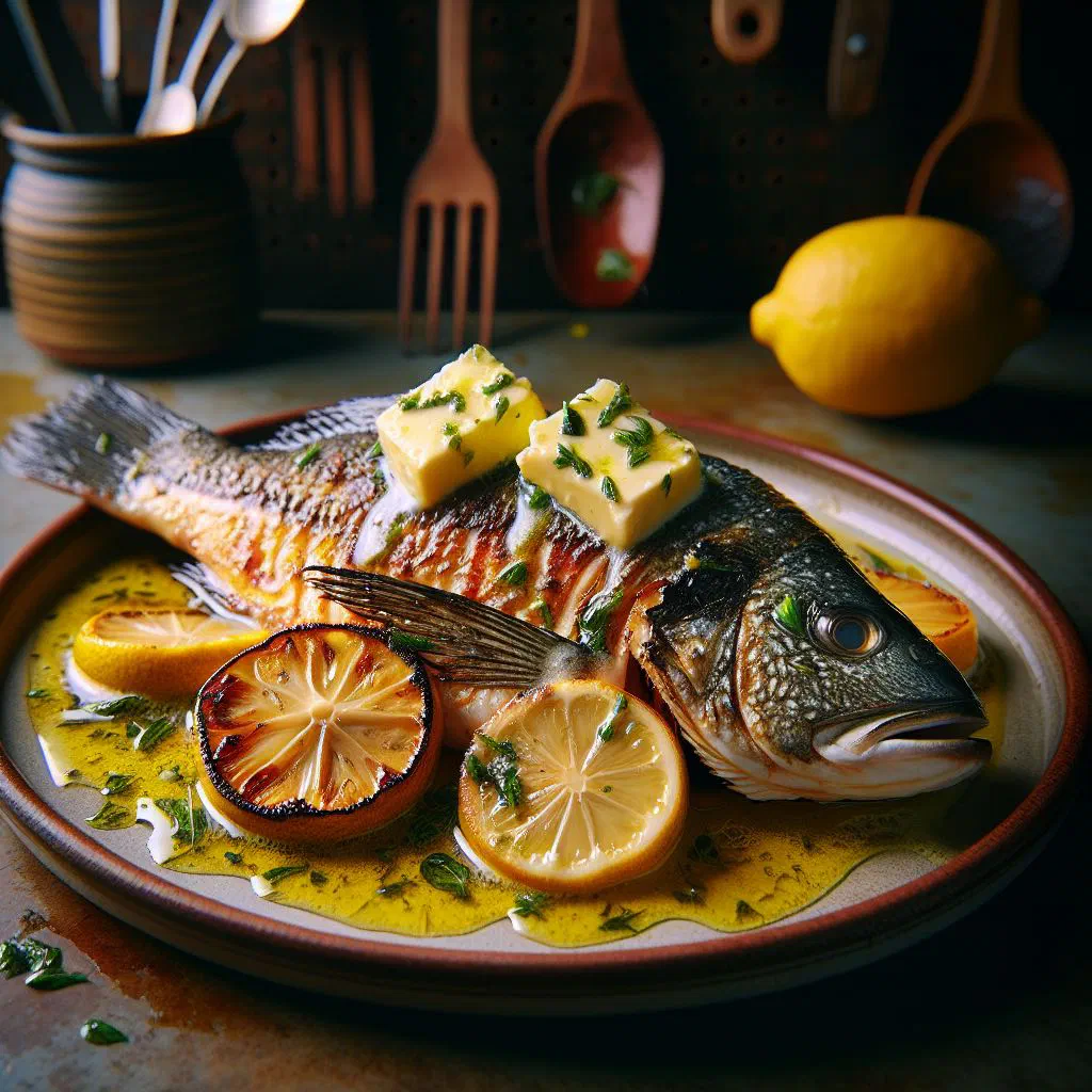 Pan-seared barramundi fillets topped with melting lemon myrtle butter and fresh herbs