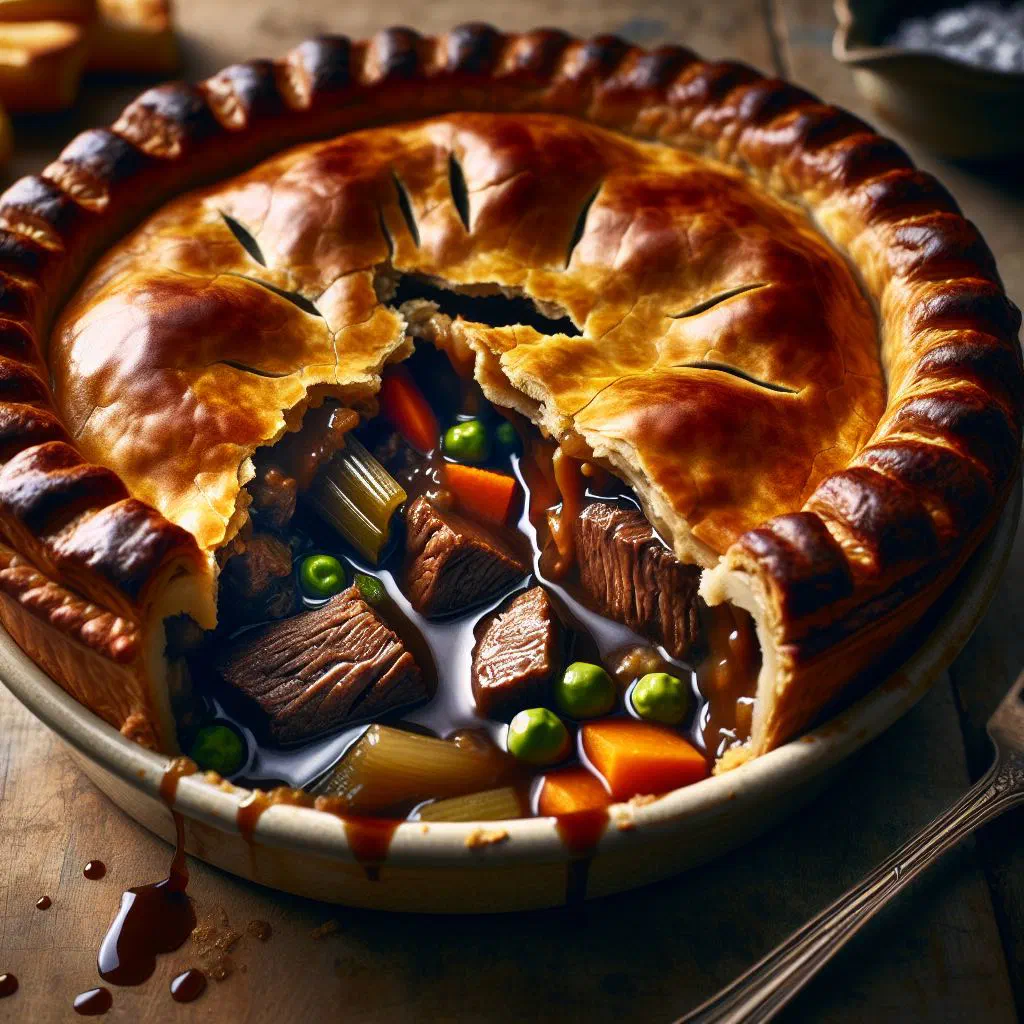 Golden beef and ale pie with a flaky puff pastry crust