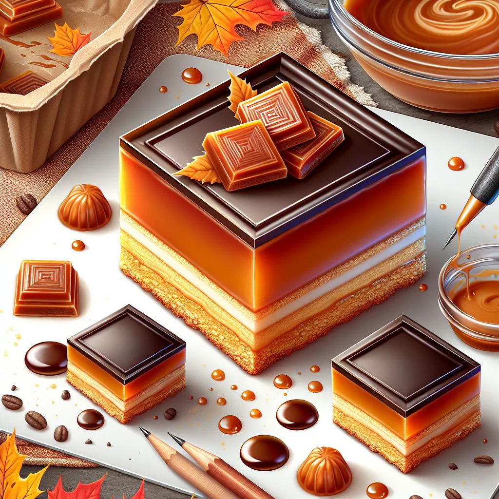 Squares of caramel slice with a biscuit base and dark chocolate topping