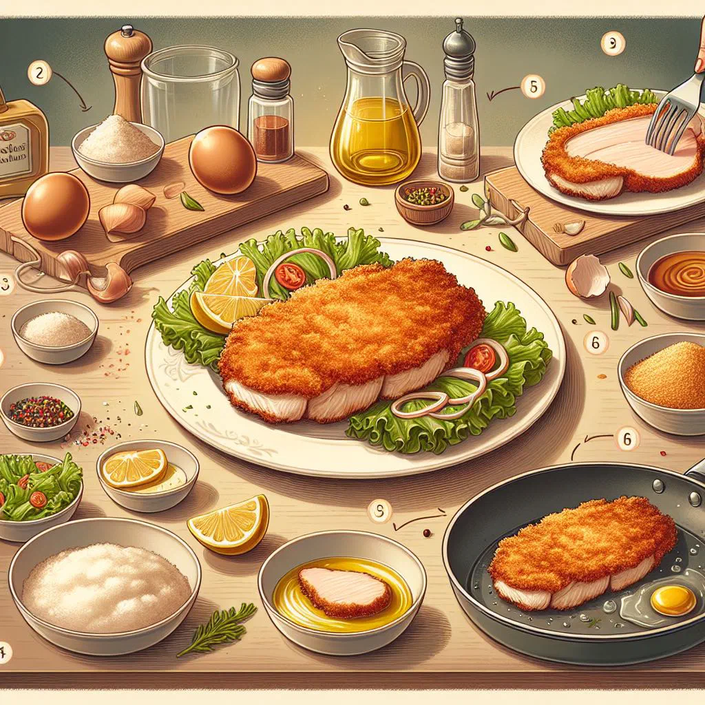 Golden crumbed chicken schnitzel served with lemon wedges