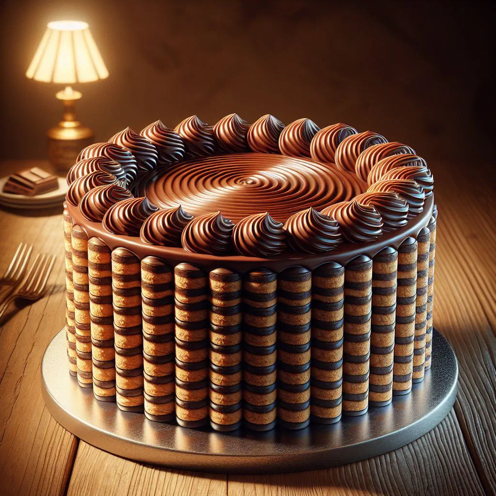 Sliced chocolate ripple cake showing layers of biscuit and cream