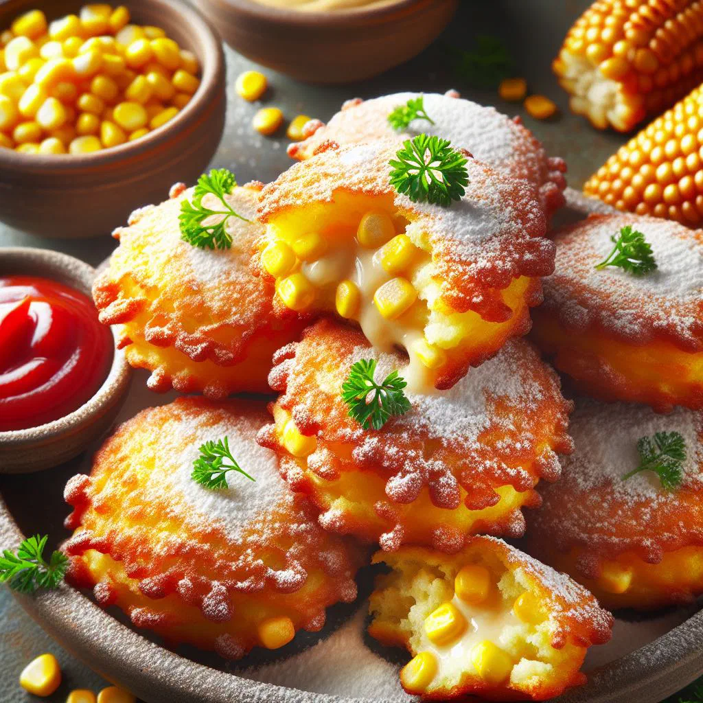 Golden crispy Australian corn fritters served with a dip