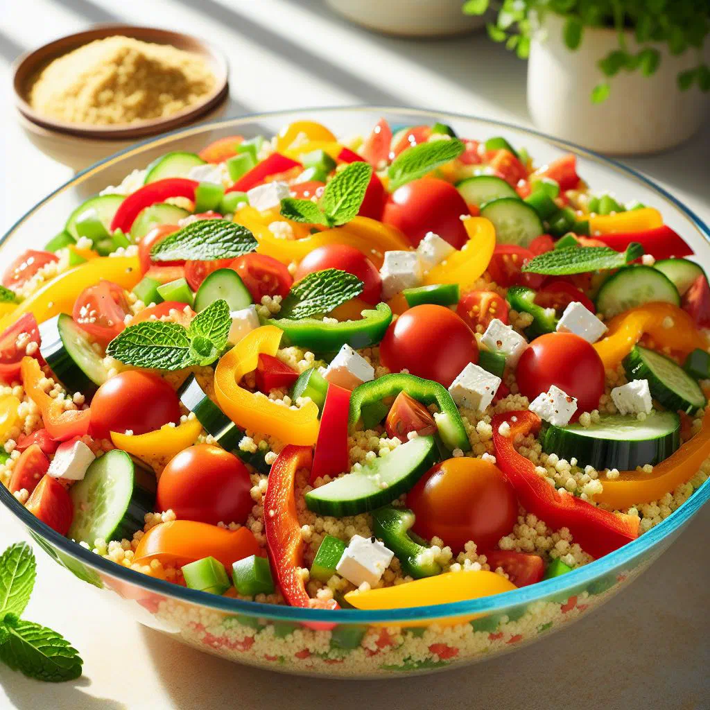 Colourful couscous salad with vegetables, feta and cranberries in a bowl