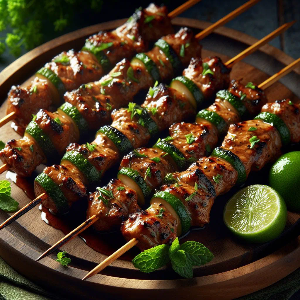 Grilled crocodile skewers glazed with a honey and soy marinade