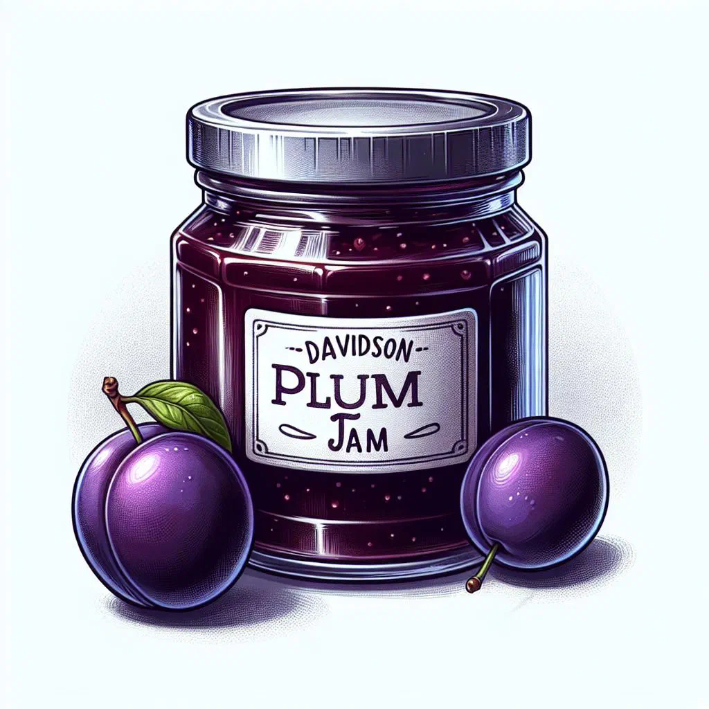 A jar of deep purple Davidson plum jam with fresh plums beside it