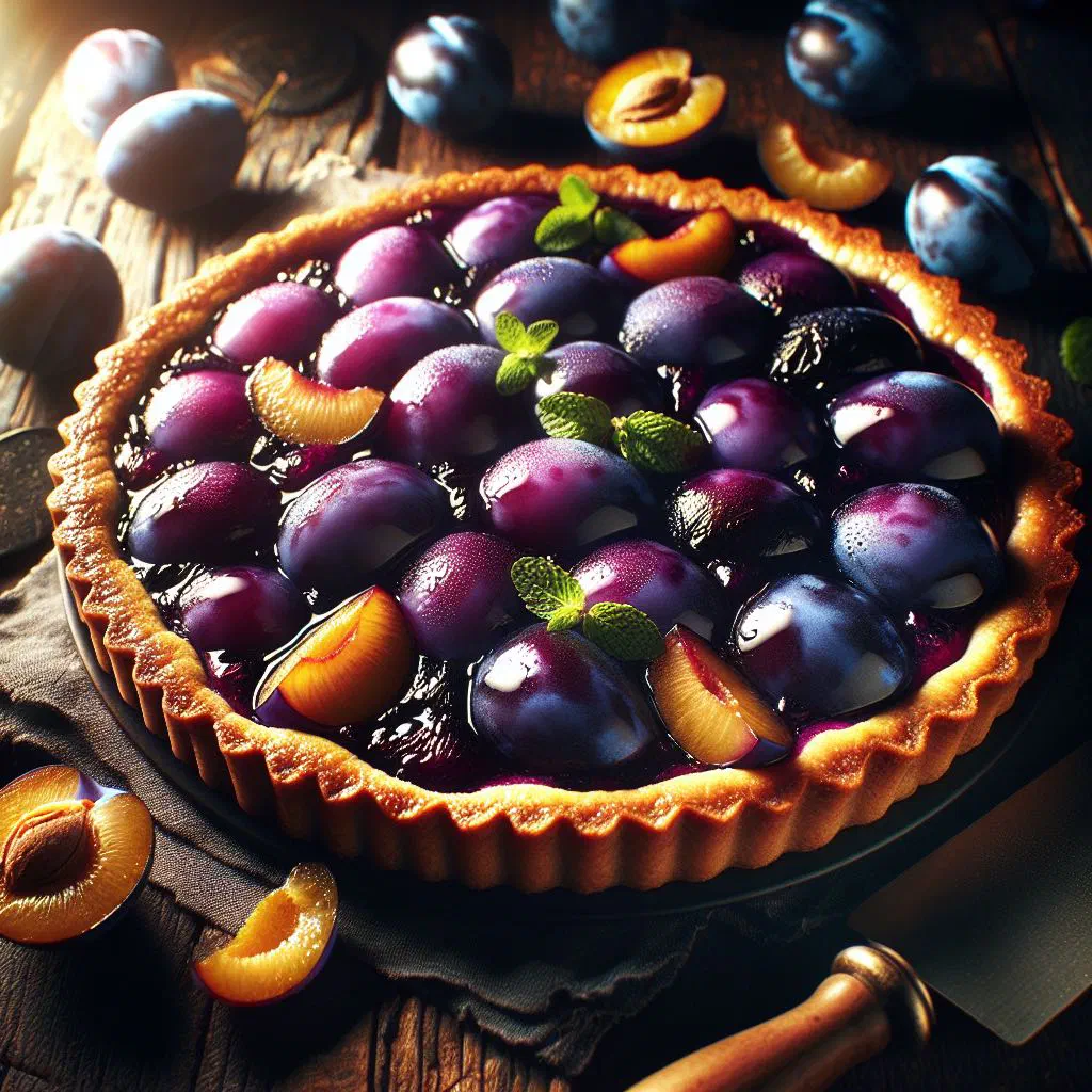 Davidson plum tart with a deep purple fruit filling and golden pastry