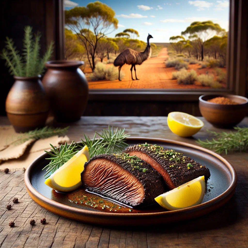 Sliced grilled emu fillet with rosemary and seasonal vegetables