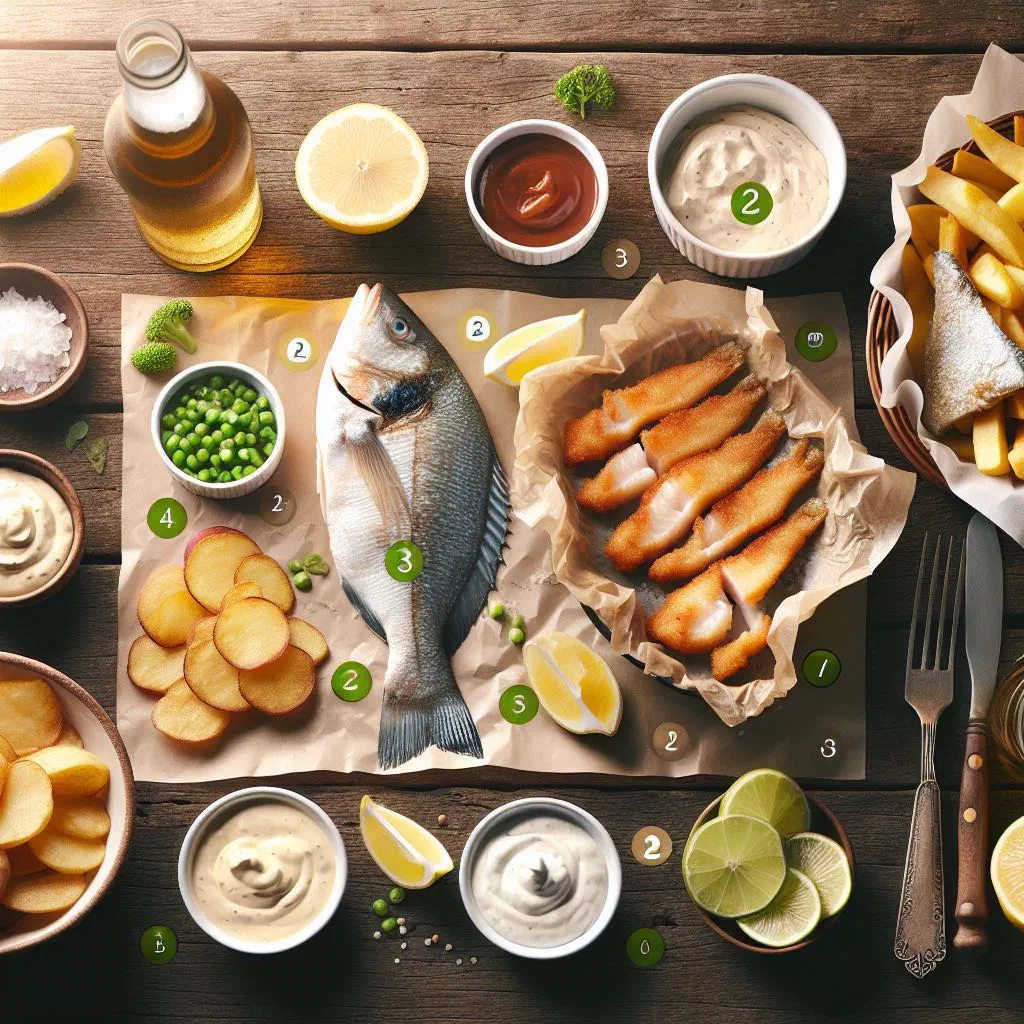 Golden battered fish with chunky chips and a wedge of lemon