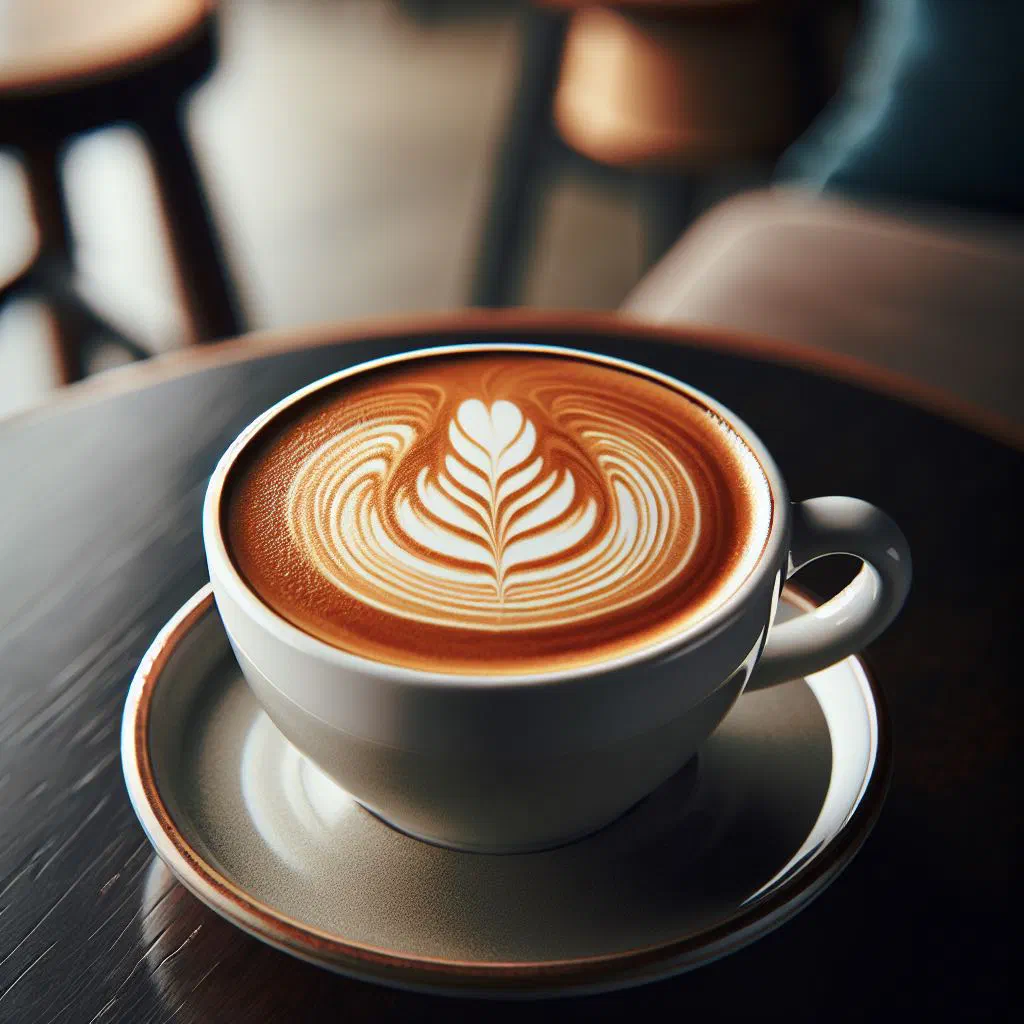 A flat white coffee in a white cup with velvety microfoam and latte art