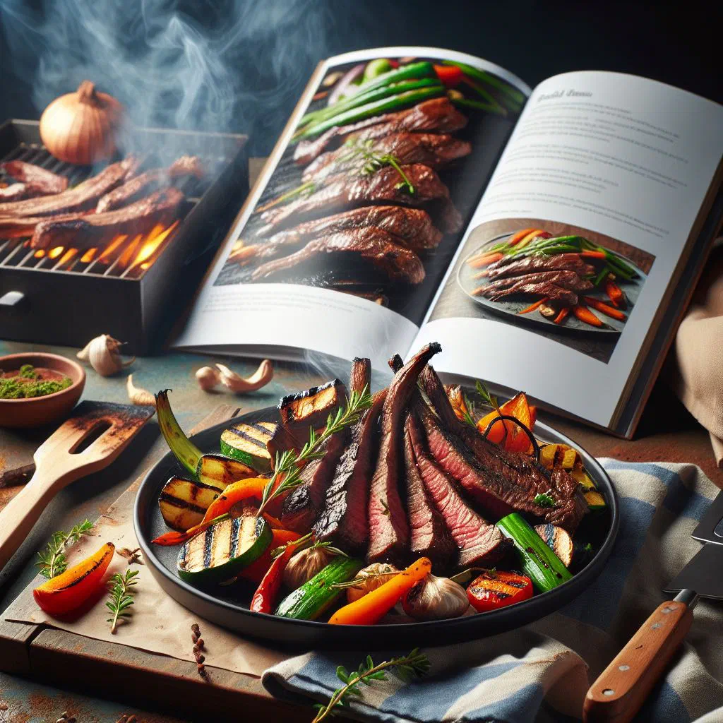 Sliced grilled kangaroo fillet on a wooden board with fresh herbs