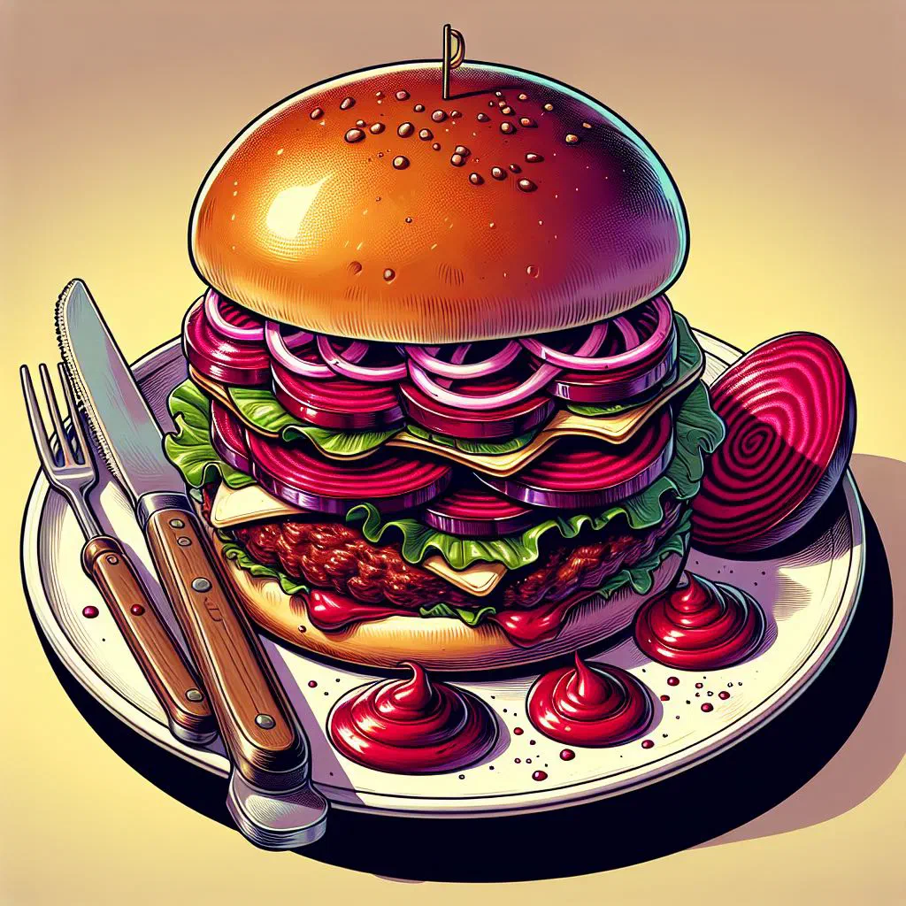 Australian beef burger stacked with sliced beetroot, tomato, cheese and salad in a soft bun