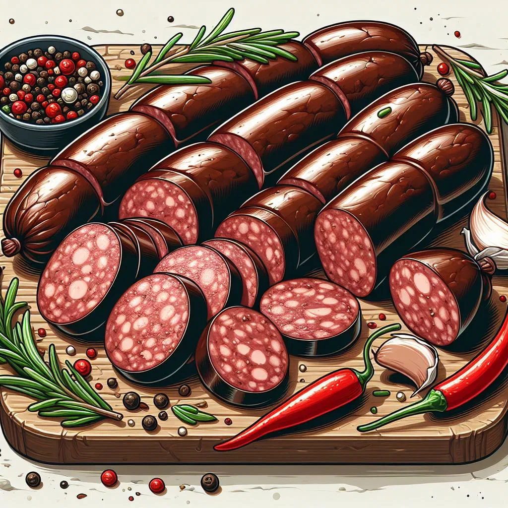 Grilled kangaroo sausages on a rustic wooden board with fresh herbs