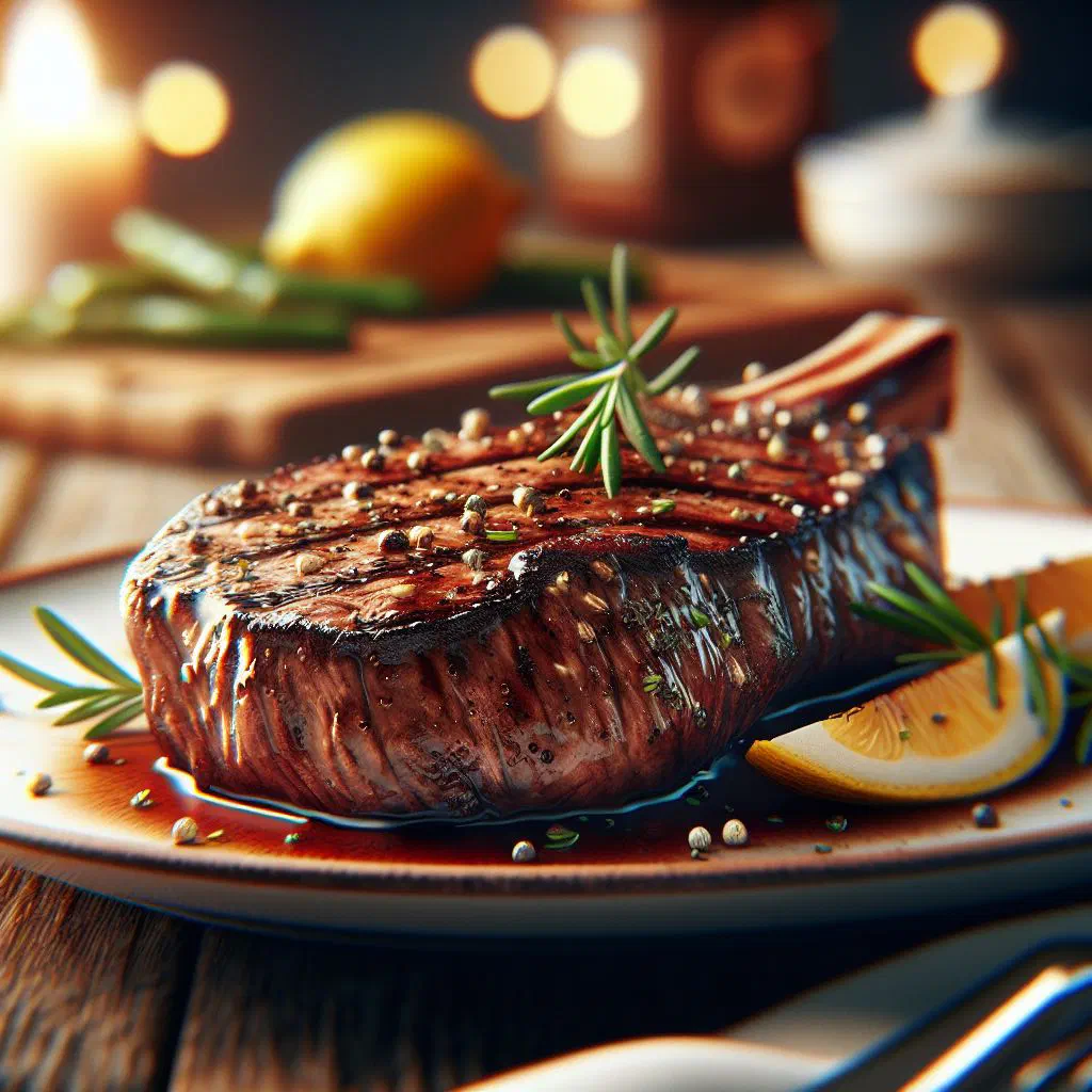 Grilled kangaroo steak sliced on a wooden board with fresh herbs