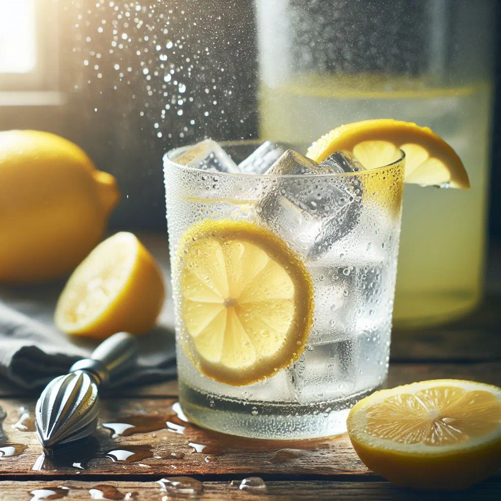 A tall glass of homemade lemonade with ice, lemon slices and fresh mint