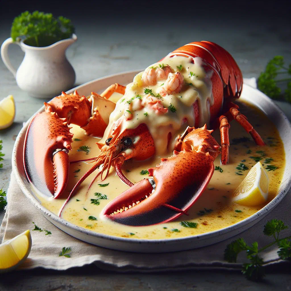 Lobster mornay baked golden in the shell and garnished with parsley