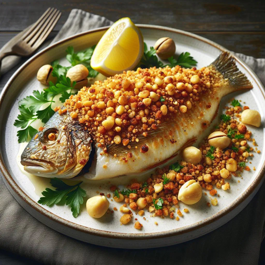 Baked fish fillets topped with a golden macadamia nut crust and lime