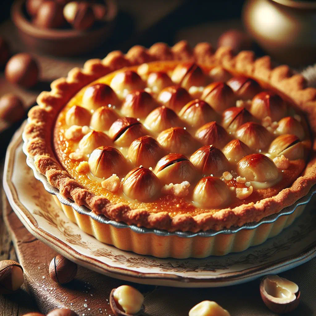 Golden macadamia nut pie with a crisp pastry base and a caramel-nut filling