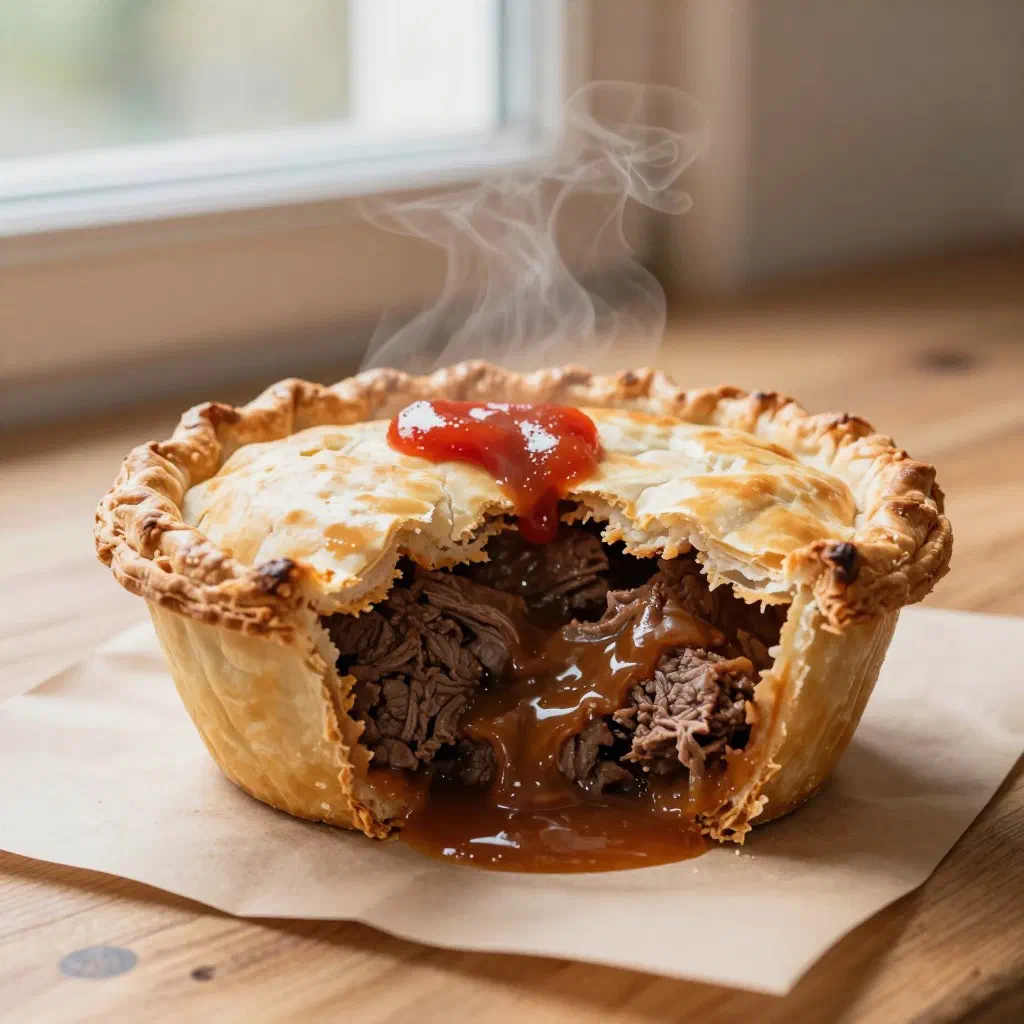 Golden baked Australian meat pie with a flaky pastry crust
