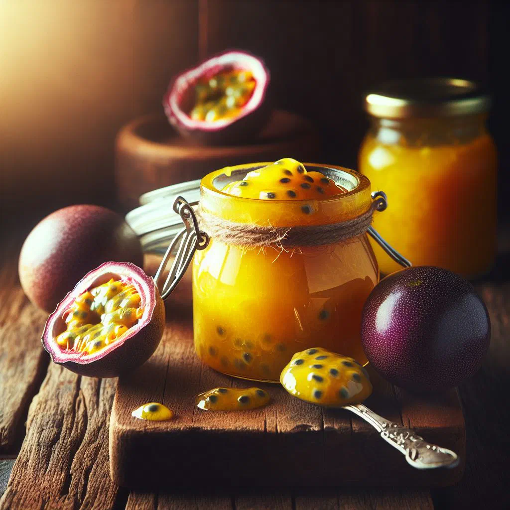 A jar of golden passionfruit curd with fresh passionfruit halves alongside