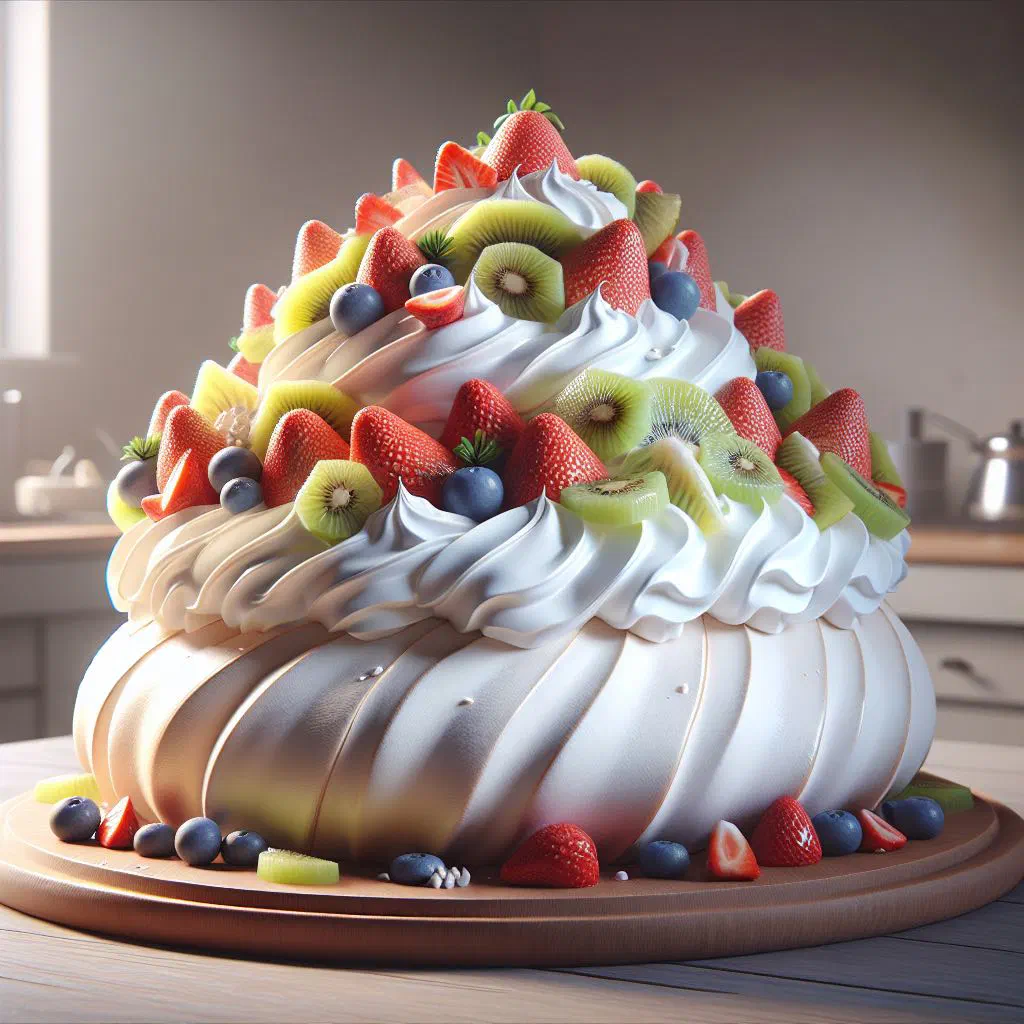Pavlova topped with whipped cream and fresh fruit