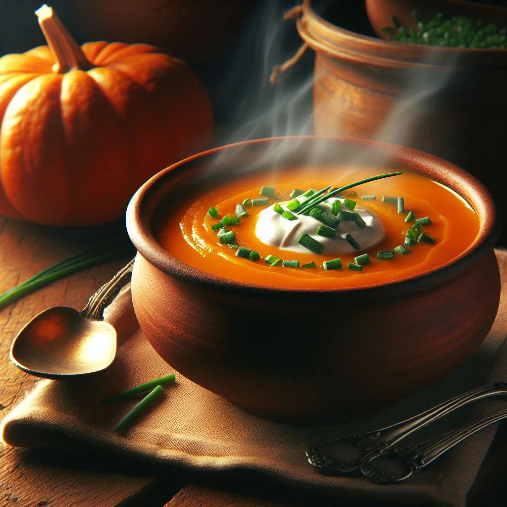 A creamy bowl of pumpkin soup garnished with fresh herbs and seeds