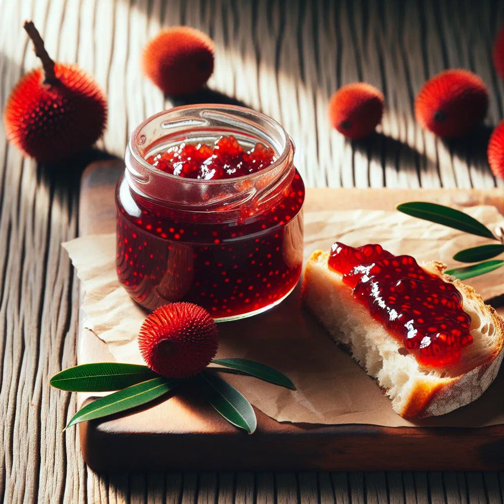 A jar of bright red quandong jam served with fresh bread