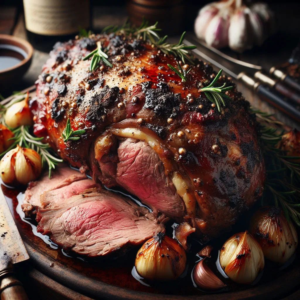 Roast leg of lamb with a golden crust and roasted seasonal vegetables
